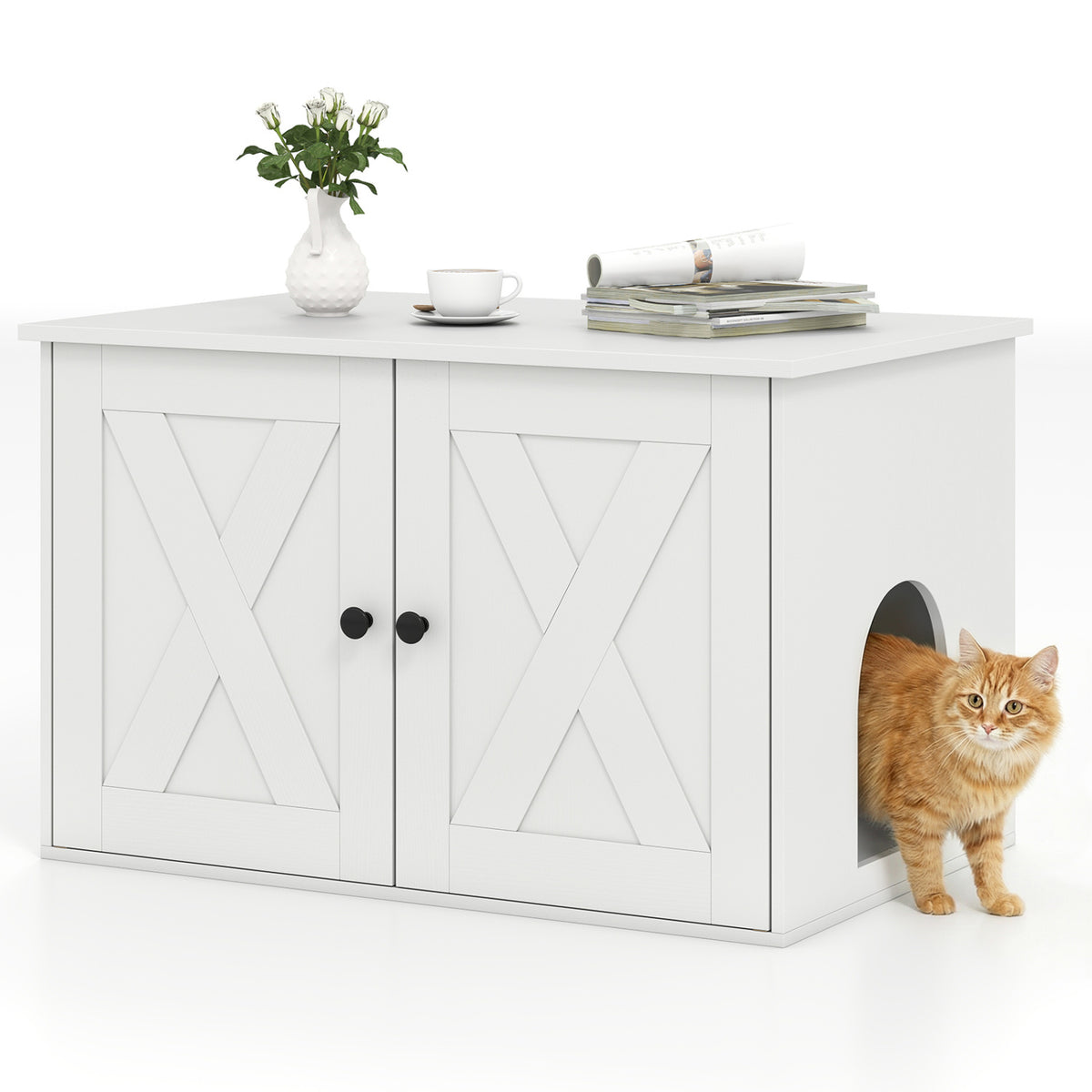 Hidden Cat Litter Box Enclosure Furniture with Divider-White