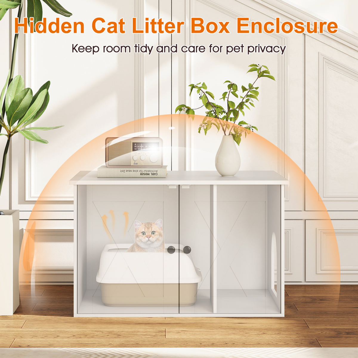Hidden Cat Litter Box Enclosure Furniture with Divider-White