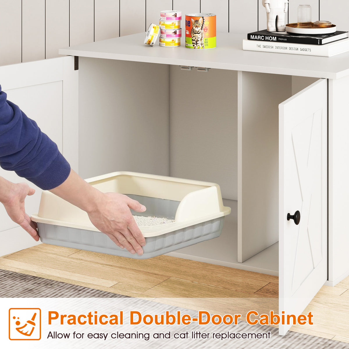 Hidden Cat Litter Box Enclosure Furniture with Divider-White