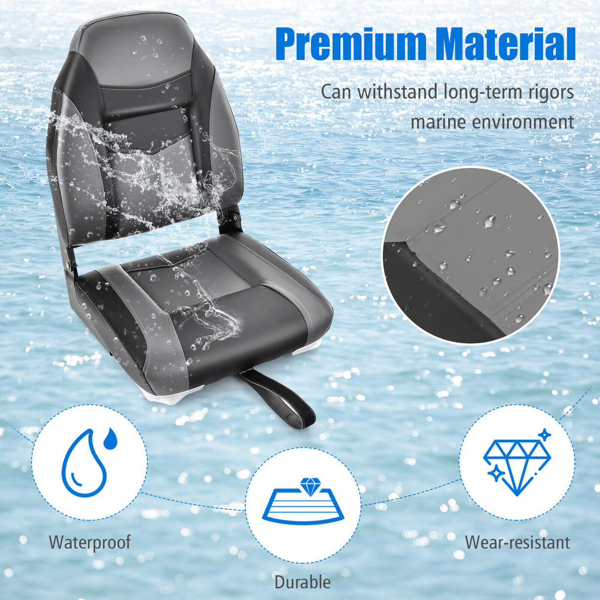 High Back Folding Boat Seats with Black Grey Sponge Cushion and Flexible Hinges-Black