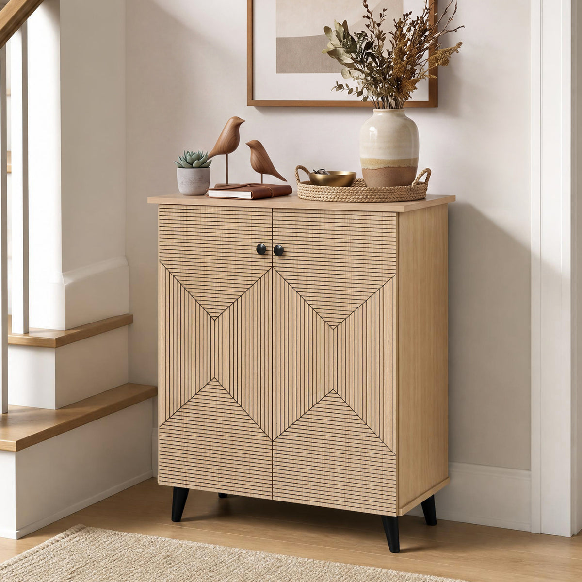 Highâ€‘quality 2â€‘Door Geometric Cabinet Freestanding Decorative Footwear Storage Unit with Carved Panels for Indoor Home Use-Natural