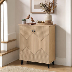 Highâ€‘quality 2â€‘Door Geometric Cabinet Freestanding Decorative Footwear Storage Unit with Carved Panels for Indoor Home Use-Natural