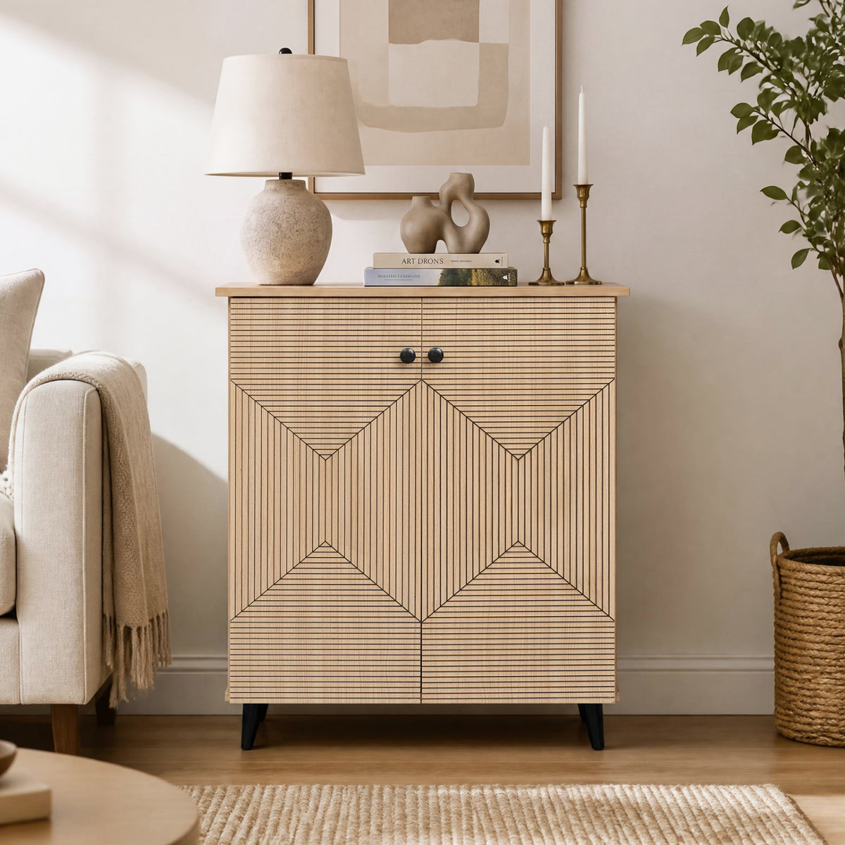 Highâ€‘quality 2â€‘Door Geometric Cabinet Freestanding Decorative Footwear Storage Unit with Carved Panels for Indoor Home Use-Natural