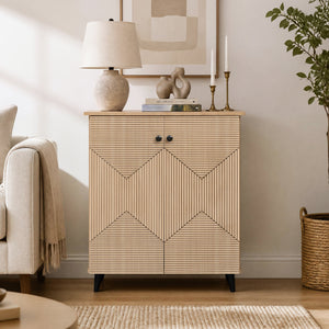 Highâ€‘quality 2â€‘Door Geometric Cabinet Freestanding Decorative Footwear Storage Unit with Carved Panels for Indoor Home Use-Natural