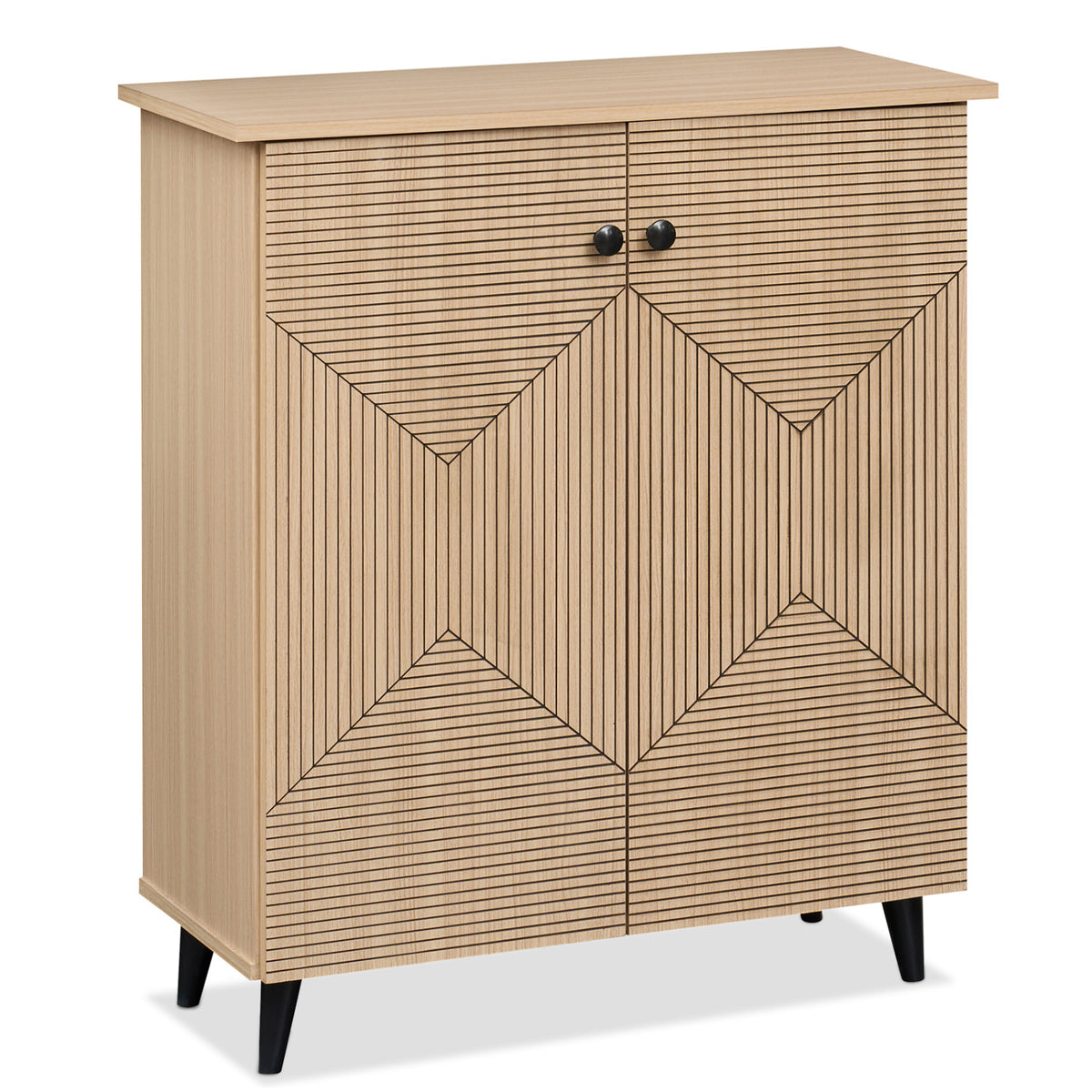 Highâ€‘quality 2â€‘Door Geometric Cabinet Freestanding Decorative Footwear Storage Unit with Carved Panels for Indoor Home Use-Natural