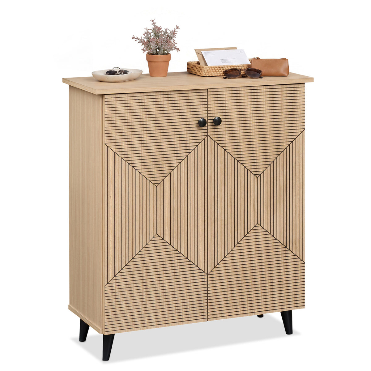Highâ€‘quality 2â€‘Door Geometric Cabinet Freestanding Decorative Footwear Storage Unit with Carved Panels for Indoor Home Use-Natural