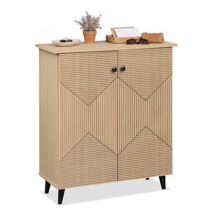 Highâ€‘quality 2â€‘Door Geometric Cabinet Freestanding Decorative Footwear Storage Unit with Carved Panels for Indoor Home Use-Natural