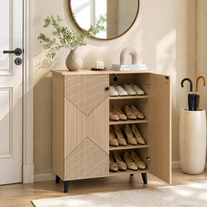 Highâ€‘quality 2â€‘Door Geometric Cabinet Freestanding Decorative Footwear Storage Unit with Carved Panels for Indoor Home Use-Natural