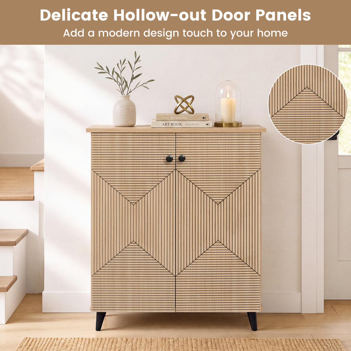 Highâ€‘quality 2â€‘Door Geometric Cabinet Freestanding Decorative Footwear Storage Unit with Carved Panels for Indoor Home Use-Natural