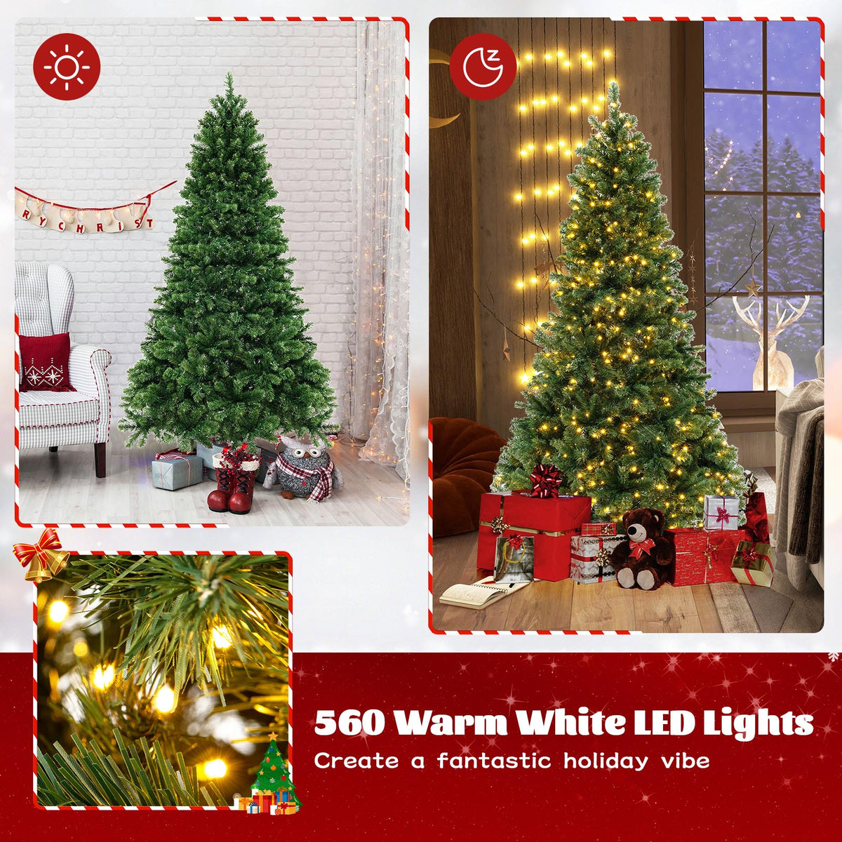 6/7/8 Feet Hinged Christmas Tree with PVC Branch Tips Warm White LED Lights-6 ft