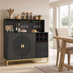 Home Bar Cabinet with Wine Rack Glass Holder and Adjustable Shelf-Black