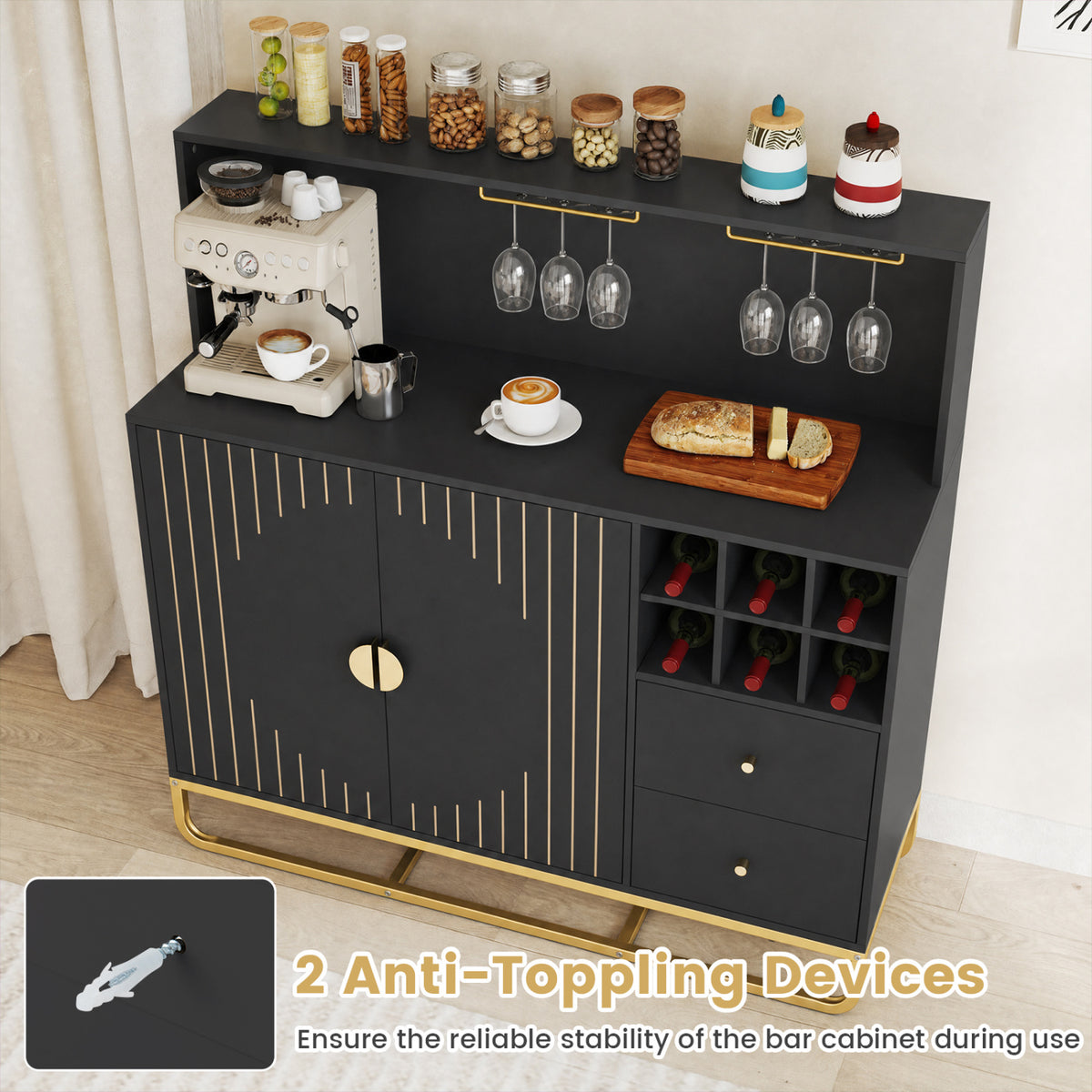 Home Bar Cabinet with Wine Rack Glass Holder and Adjustable Shelf-Black