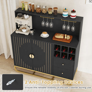 Home Bar Cabinet with Wine Rack Glass Holder and Adjustable Shelf-Black