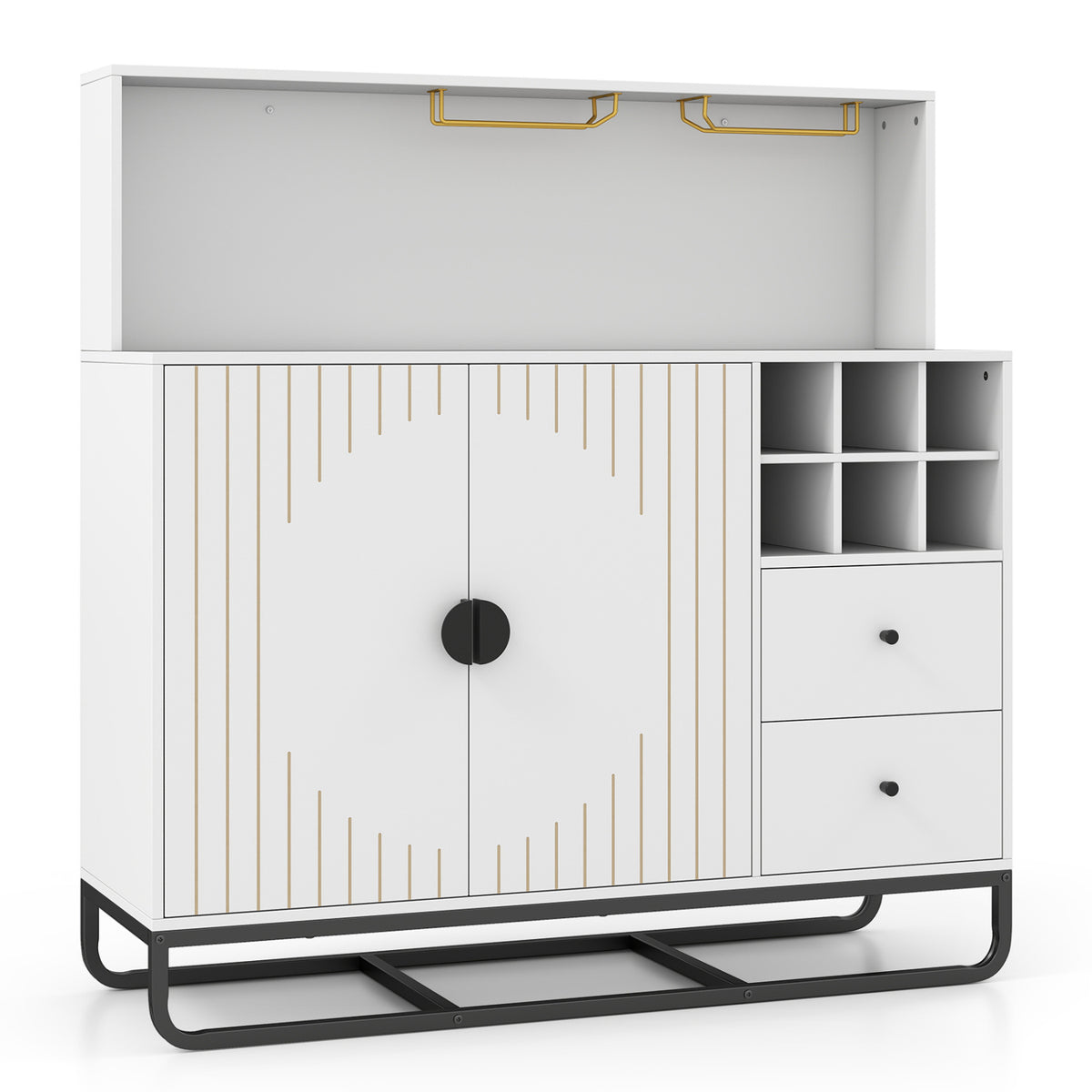 Home Bar Cabinet with Wine Rack Glass Holder and Adjustable Shelf-White