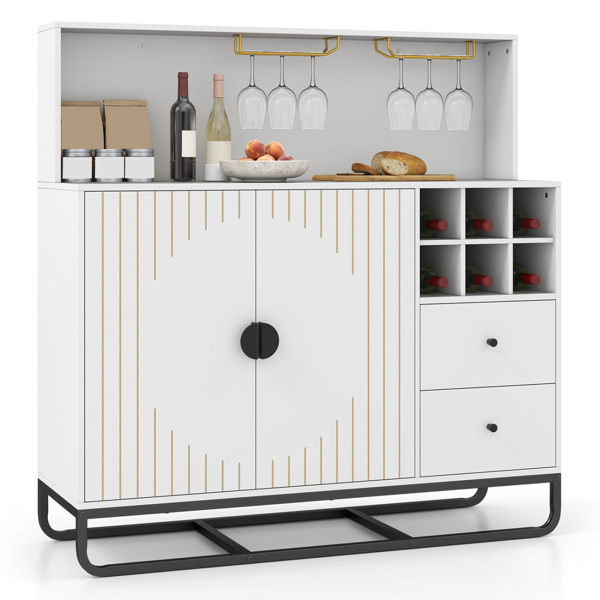 Home Bar Cabinet with Wine Rack Glass Holder and Adjustable Shelf-White
