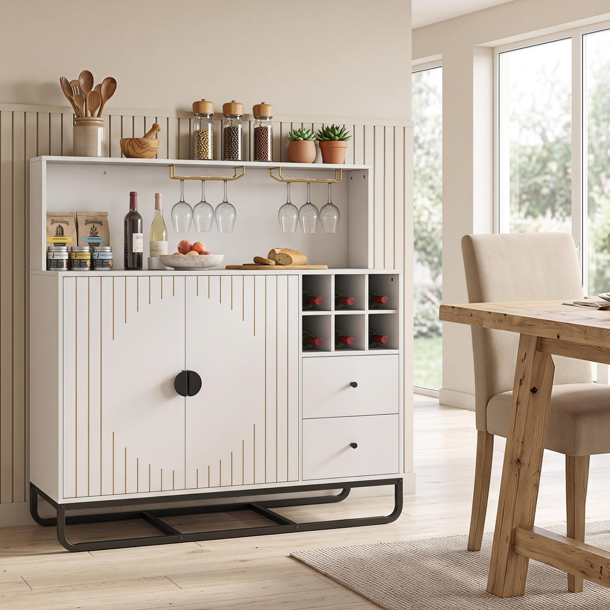 Home Bar Cabinet with Wine Rack Glass Holder and Adjustable Shelf-White