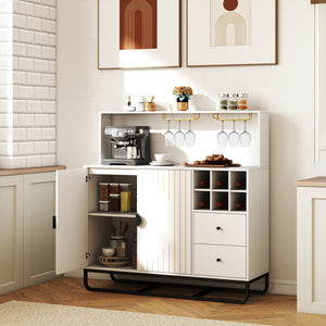 Home Bar Cabinet with Wine Rack Glass Holder and Adjustable Shelf-White