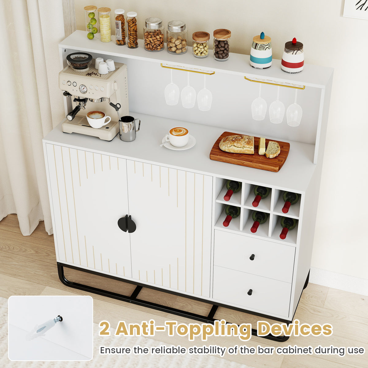 Home Bar Cabinet with Wine Rack Glass Holder and Adjustable Shelf-White