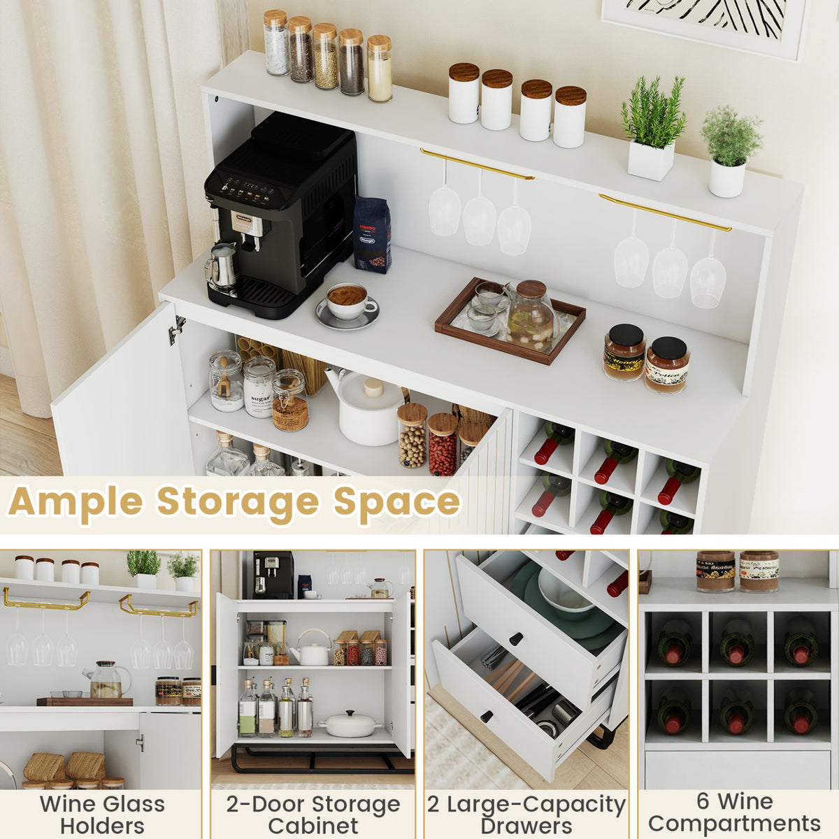 Home Bar Cabinet with Wine Rack Glass Holder and Adjustable Shelf-White