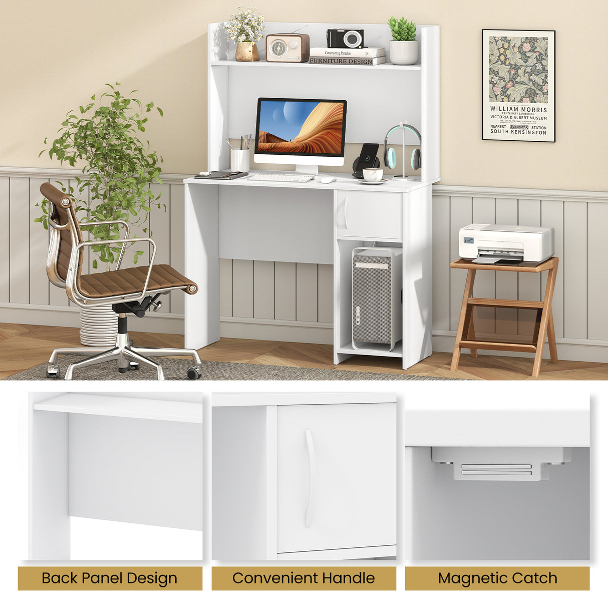 Home Office Desk with Raised Display Shelf and 2 Open Shelves-White