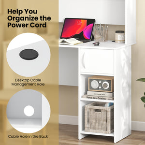 Home Office Desk with Raised Display Shelf and 2 Open Shelves-White