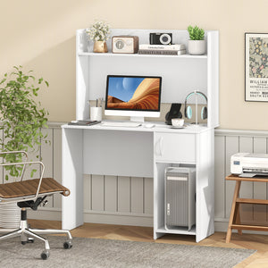 Home Office Desk with Raised Display Shelf and 2 Open Shelves-White