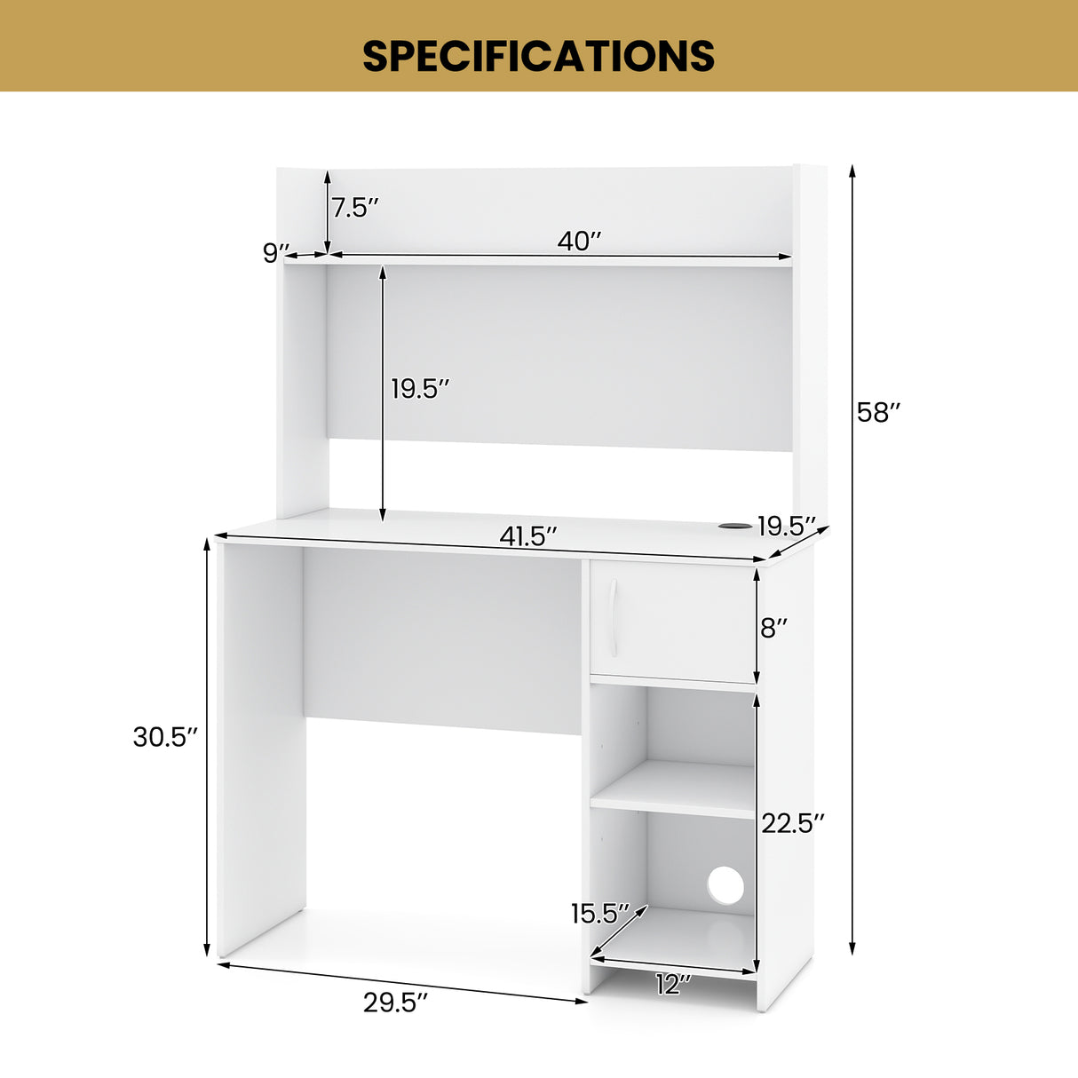 Home Office Desk with Raised Display Shelf and 2 Open Shelves-White