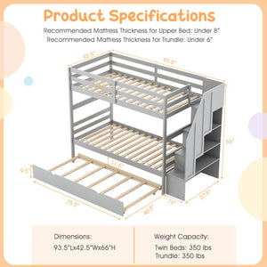 Home Wood Bunk Bed with Guard Rail and 4-step Storage Stairs No Box Spring Needed-Gray