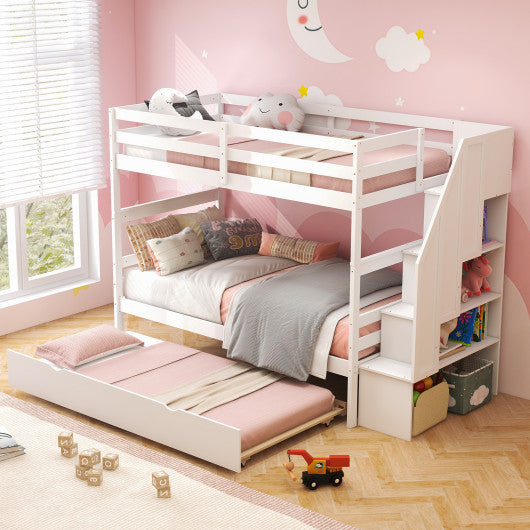 Home Wood Bunk Bed with Guard Rail and 4-step Storage Stairs No Box Spring Needed-White