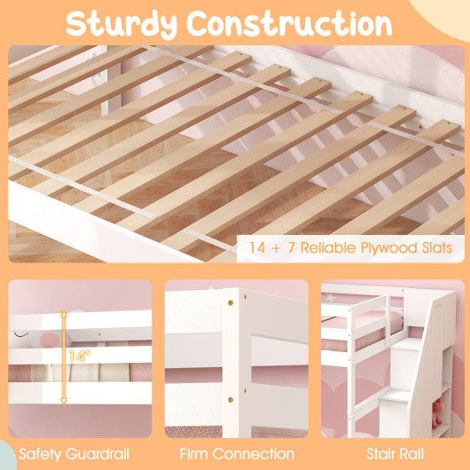 Home Wood Bunk Bed with Guard Rail and 4-step Storage Stairs No Box Spring Needed-White