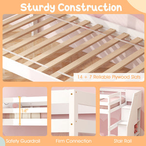 Home Wood Bunk Bed with Guard Rail and 4-step Storage Stairs No Box Spring Needed-White