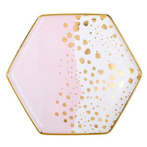Homebody Hexagon Mug and Saucer Set in Pink with Gold Dot Pattern