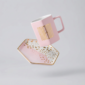 Homebody Hexagon Mug and Saucer Set in Pink with Gold Dot Pattern
