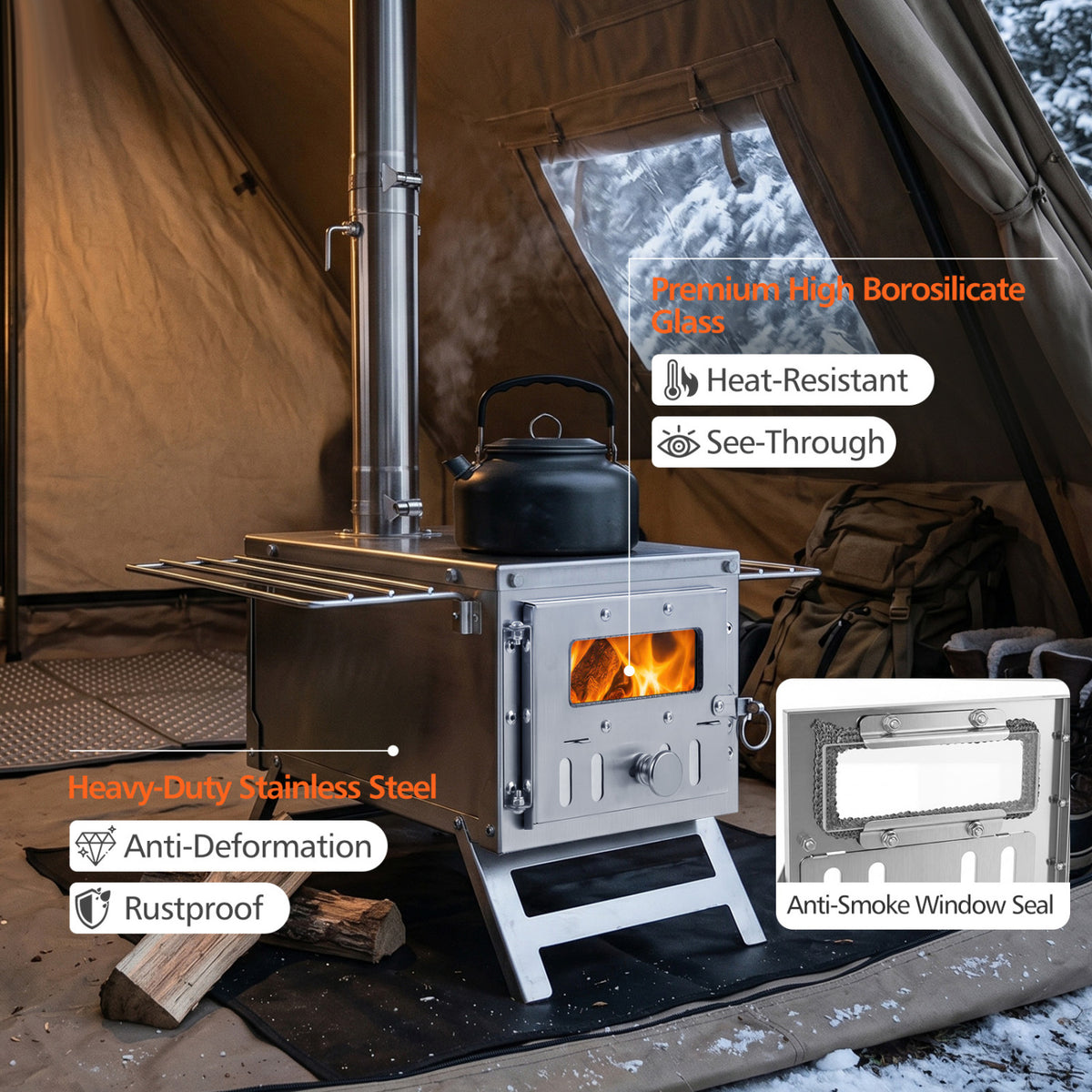 Hot Tent Stove Portable Wood Burning Stove with 7 Chimney Pipes and Spark Arrestor-Silver