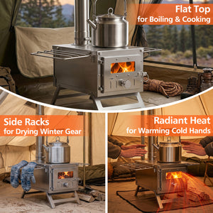 Hot Tent Stove Portable Wood Burning Stove with 7 Chimney Pipes and Spark Arrestor-Silver
