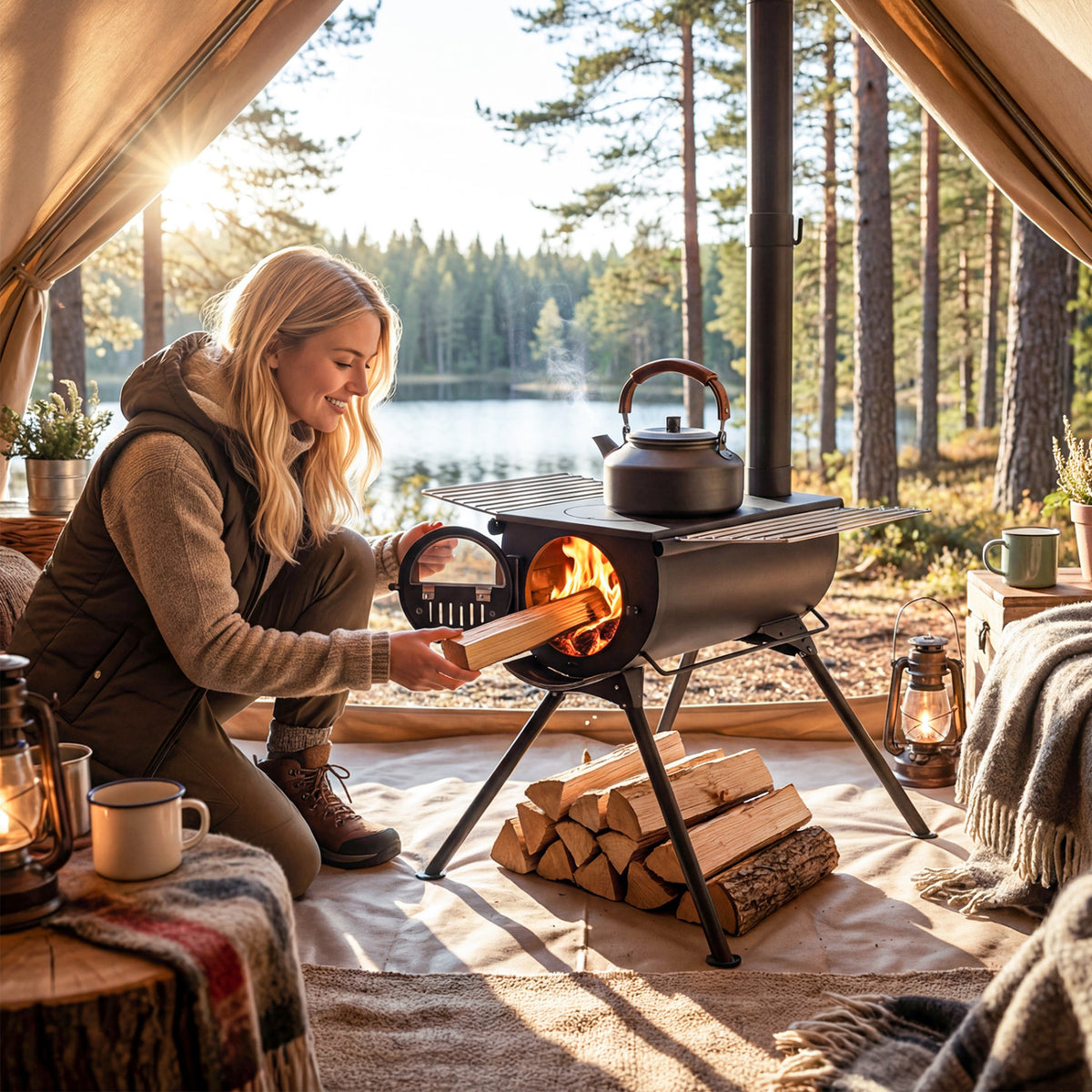 Hot Tent Stove with Chimney Pipes and Foldable Legs for Outdoor Heating-Black