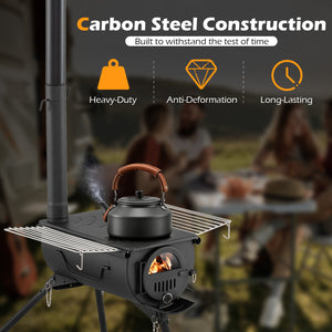 Hot Tent Stove with Chimney Pipes and Foldable Legs for Outdoor Heating-Black