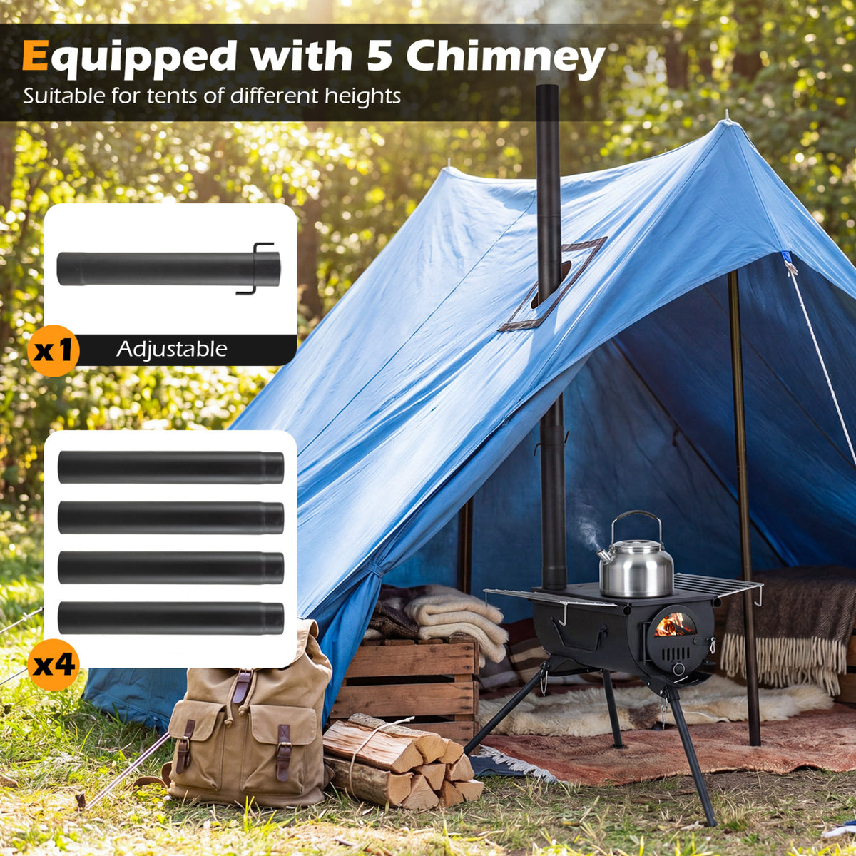 Hot Tent Stove with Chimney Pipes and Foldable Legs for Outdoor Heating-Black