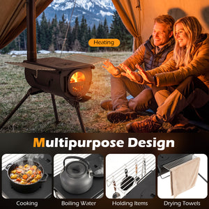 Hot Tent Stove with Chimney Pipes and Foldable Legs for Outdoor Heating-Black