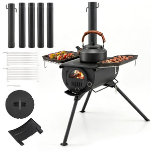 Hot Tent Stove with Chimney Pipes and Foldable Legs for Outdoor Heating-Black