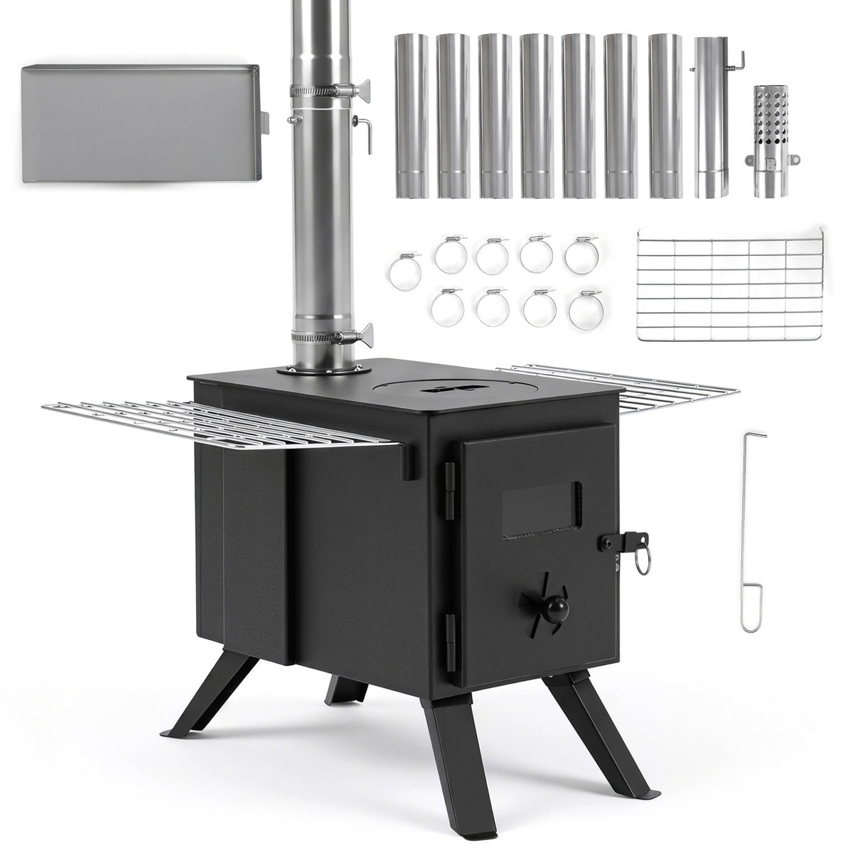 Hot Tent Stove with Ash Tray 8.4 ft Wood Burning Stove with 8 Chimney Pipes and Spark Arrestor-Black