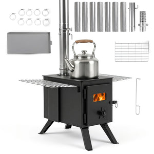 Hot Tent Stove with Ash Tray 8.4 ft Wood Burning Stove with 8 Chimney Pipes and Spark Arrestor-Black