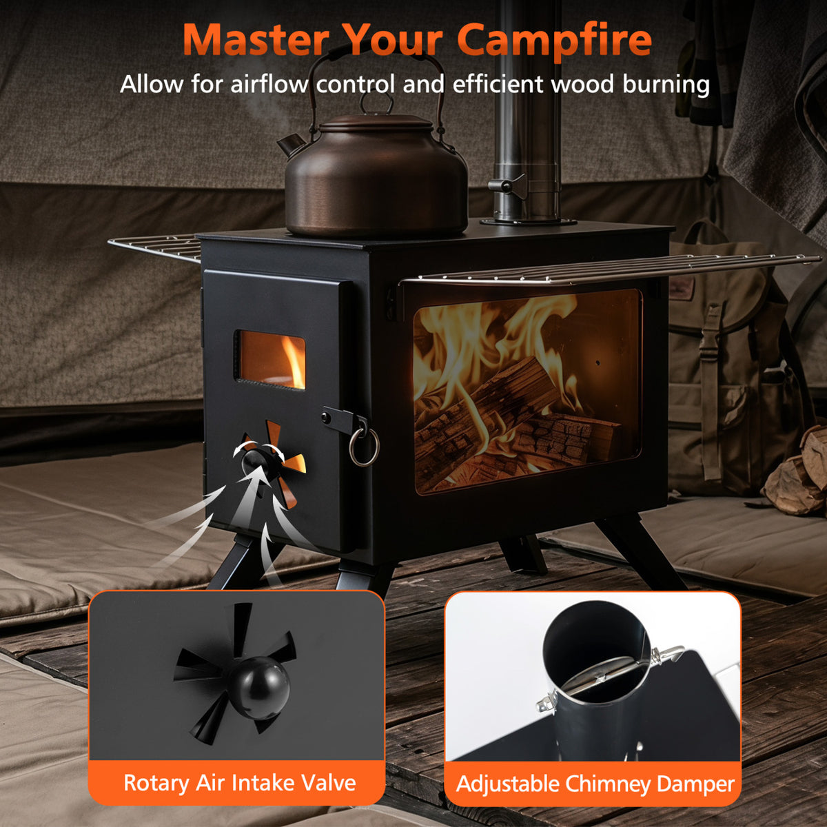Hot Tent Stove with Ash Tray 8.4 ft Wood Burning Stove with 8 Chimney Pipes and Spark Arrestor-Black