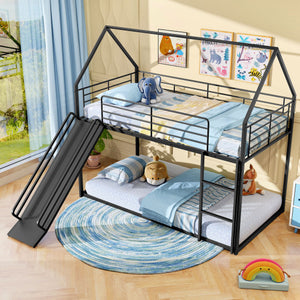 House-shaped Metal Twin Over Twin Low Bunk Bed-Black