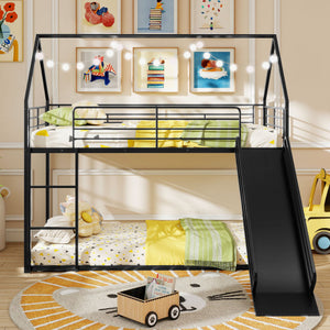 House-shaped Metal Twin Over Twin Low Bunk Bed-Black