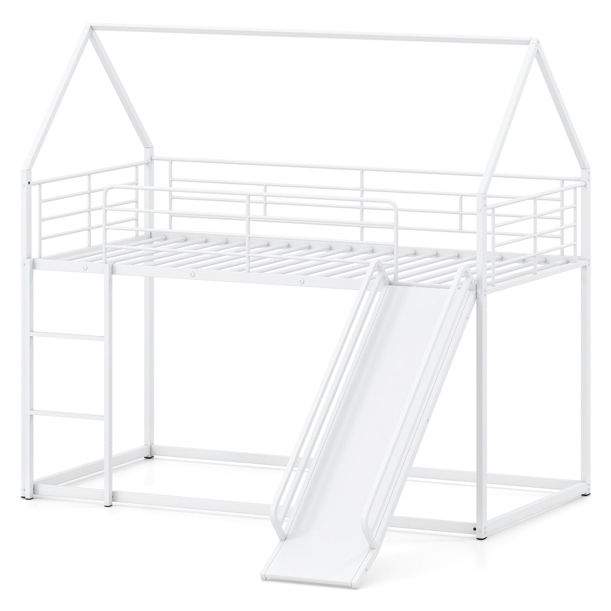 House-shaped Metal Twin Over Twin Low Bunk Bed-White