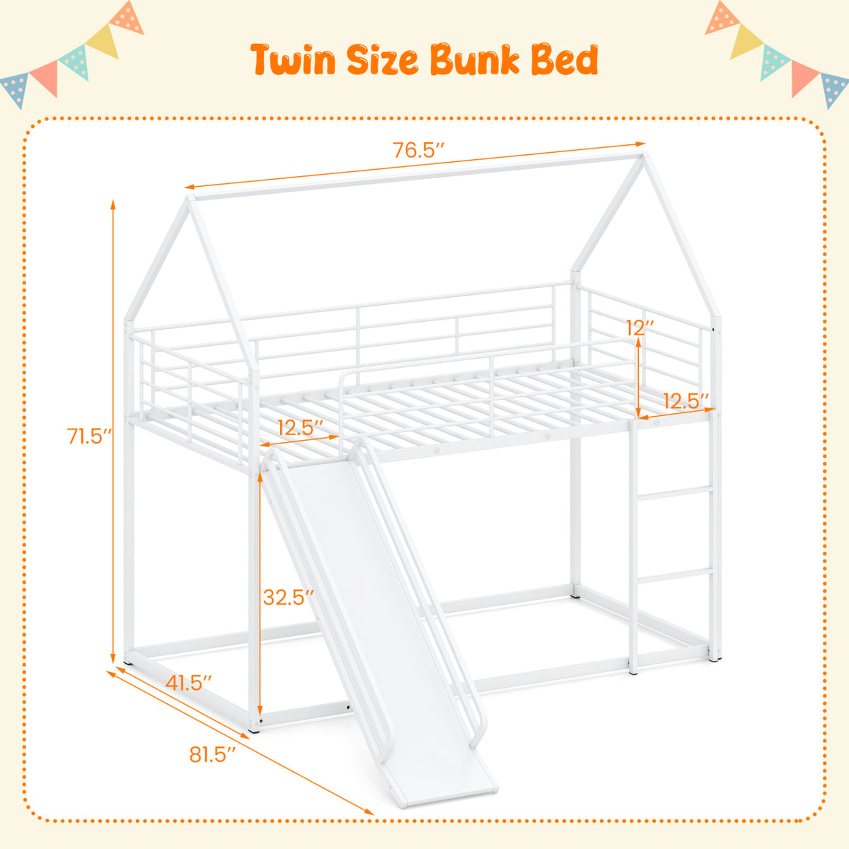 House-shaped Metal Twin Over Twin Low Bunk Bed-White