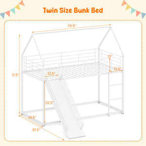 House-shaped Metal Twin Over Twin Low Bunk Bed-White