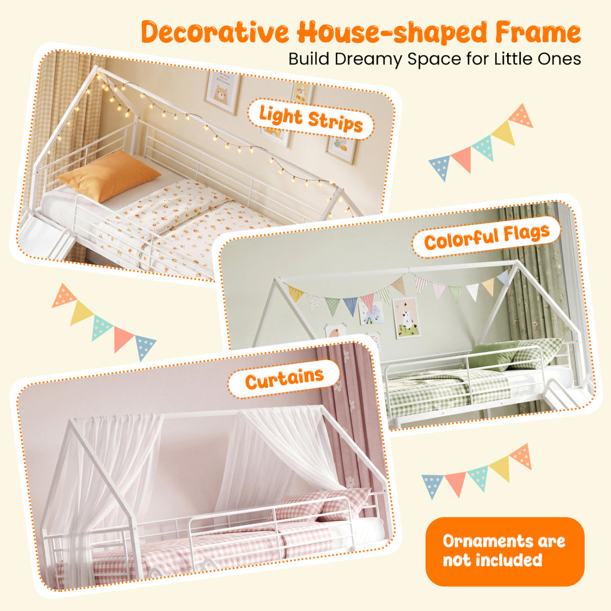 House-shaped Metal Twin Over Twin Low Bunk Bed-White