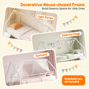 House-shaped Metal Twin Over Twin Low Bunk Bed-White